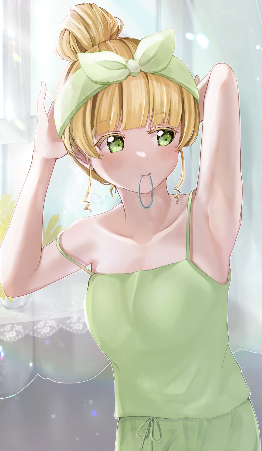 1girl absurdres arm_up armpits blonde_hair blunt_bangs breasts camisole collarbone curtains green_camisole green_eyes green_shorts hair_bun hair_tie heanna_sumire highres love_live! love_live!_superstar!! mouth_hold nyako_(utaneko31) short_hair shorts sidelocks single_hair_bun small_breasts solo upper_body window