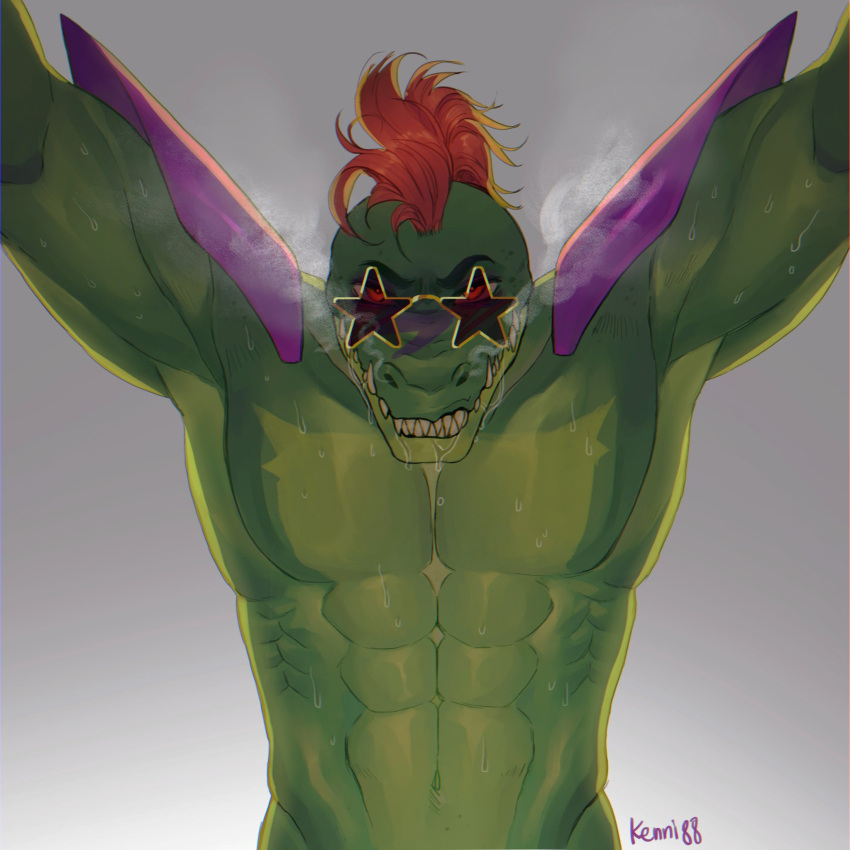 abs anthro biceps bodily_fluids eyewear feral five_nights_at_freddy's five_nights_at_freddy's:_security_breach hi_res humanoid kenni88 male mohawk montgomery_gator_(fnaf) muscular muscular_male obliques pecs ribs saliva saliva_string scalie scottgames solo sunglasses triceps video_games