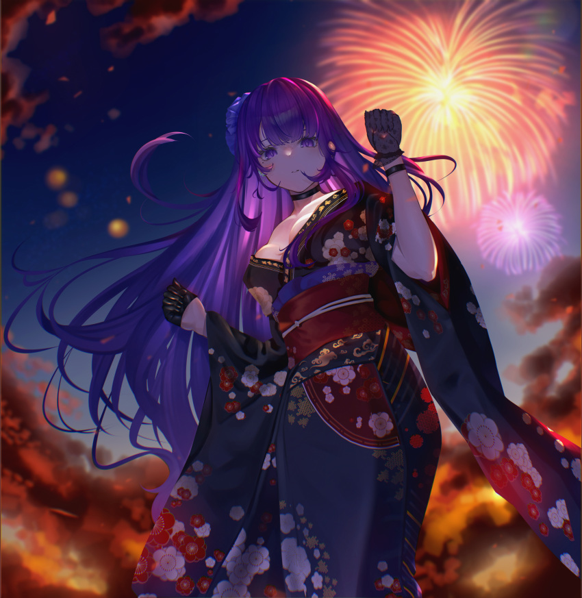 1girl absurdres alternate_costume bangs black_gloves breasts cleavage commentary_request fireworks floral_print from_below genshin_impact gloves half_gloves highres japanese_clothes kimono long_hair new_year obi purple_eyes purple_hair raiden_shogun sash solo suzu_(user_kdex8732)