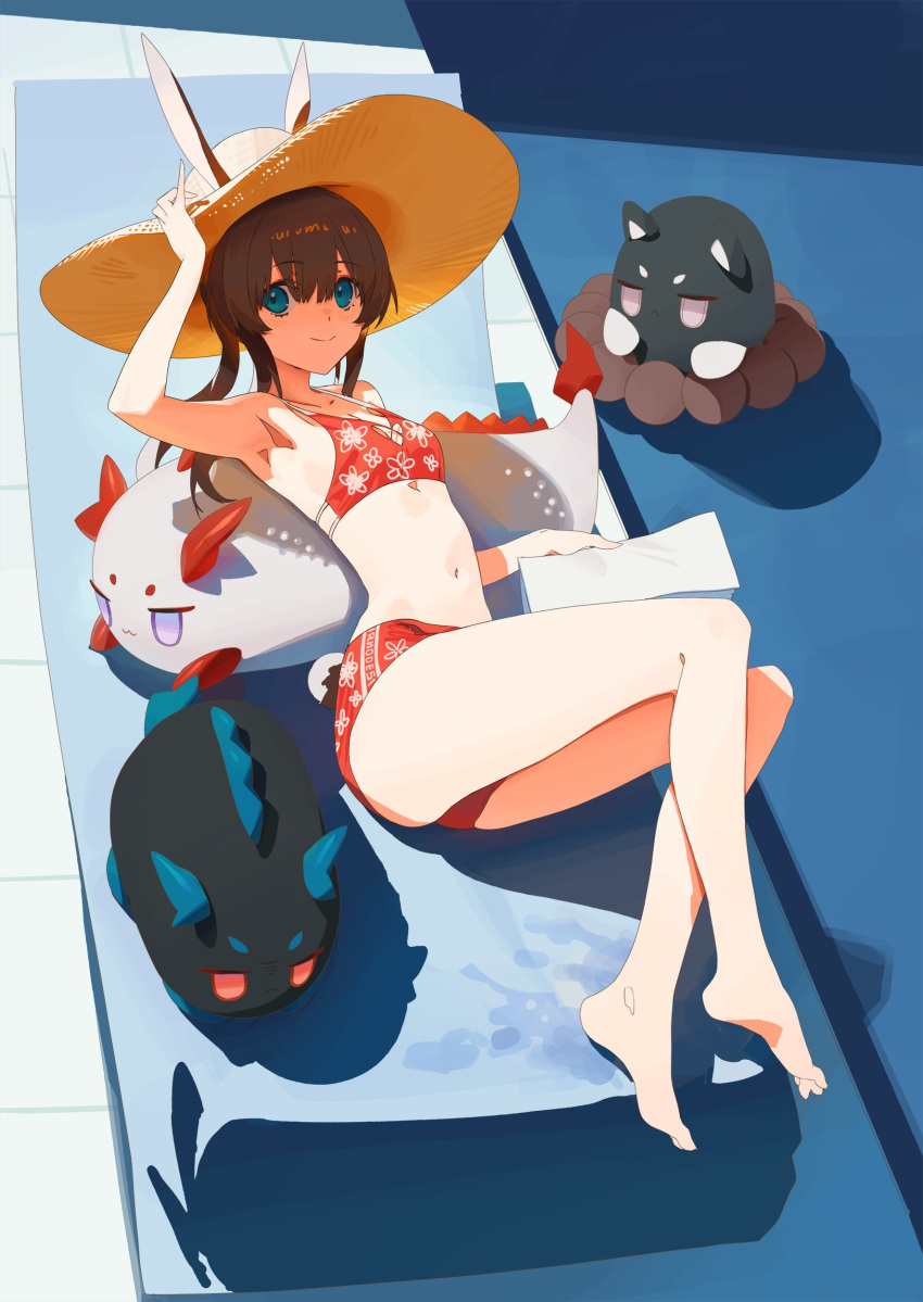 1girl absurdres amiya_(arknights) animal_ears arknights arm_up armpits barefoot bikini blue_eyes brown_hair brown_hat chair closed_mouth dot_nose from_above full_body hair_between_eyes hand_on_headwear hat highres knees_together_feet_apart long_hair looking_at_viewer lounge_chair lying navel olys on_side ponytail rabbit_ears rabbit_girl rabbit_tail red_bikini sidelocks smile solo stomach straw_hat swimsuit tail thighs