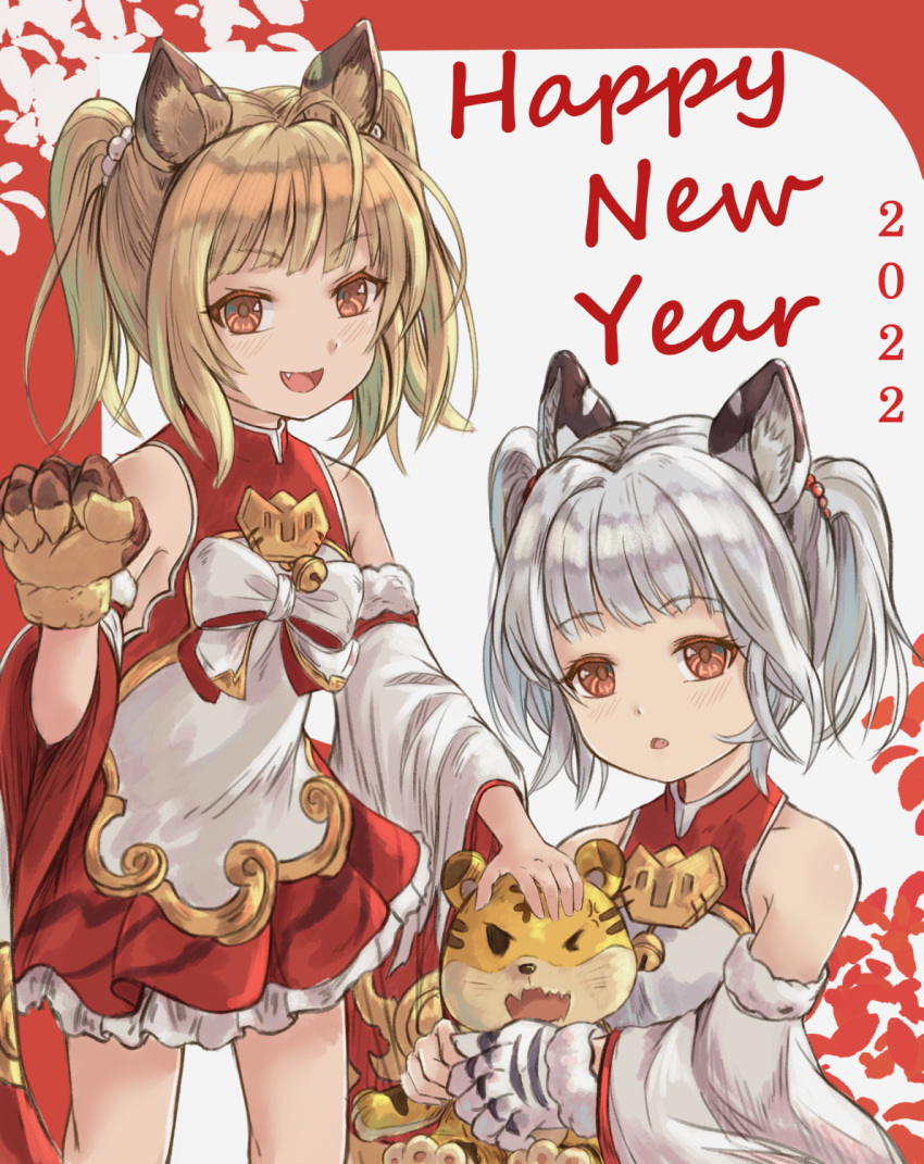 2022 2girls :d animal animal_ear_fluff animal_ears animal_hands bai_(granblue_fantasy) bare_shoulders bell blonde_hair brown_eyes brown_gloves chinese_zodiac cidala_(granblue_fantasy) commentary detached_sleeves dress english_commentary fang frilled_dress frills fur-trimmed_gloves fur-trimmed_sleeves fur_trim gloves granblue_fantasy grey_background happy_new_year highres hikari_niji huang_(granblue_fantasy) jingle_bell laolao_(granblue_fantasy) long_sleeves multiple_girls new_year paw_gloves pleated_dress red_background red_dress silver_hair single_glove sleeveless sleeveless_dress smile standing tiger tiger_ears twintails two-tone_background white_gloves white_sleeves wide_sleeves year_of_the_tiger