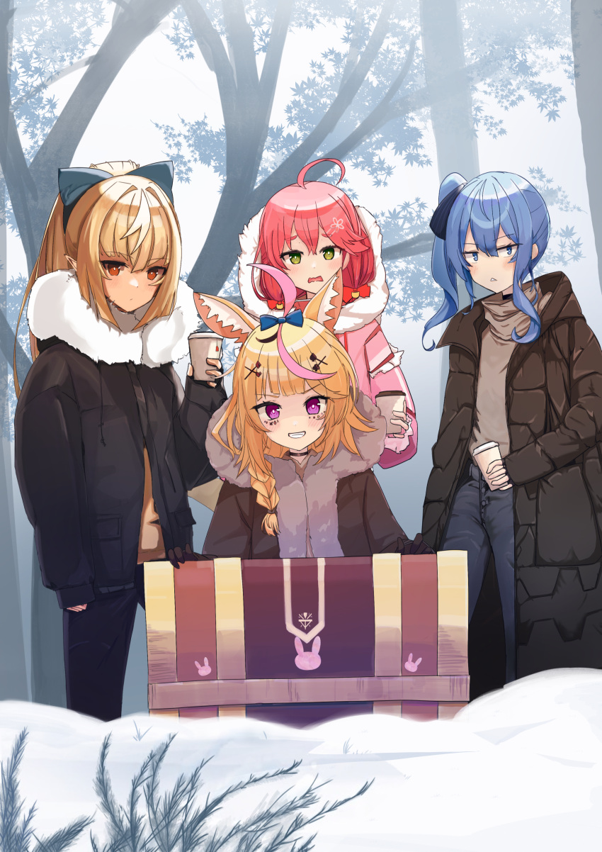 4girls absurdres animal_ears blonde_hair blue_hair chest coat cup disposable_cup elf fox_ears fox_girl fur-trimmed_coat fur_trim highres holding holding_cup hololive hoshimachi_suisei multiple_girls omaru_polka peleu pink_hair pointy_ears sakura_miko shiranui_flare snow virtual_youtuber winter winter_clothes