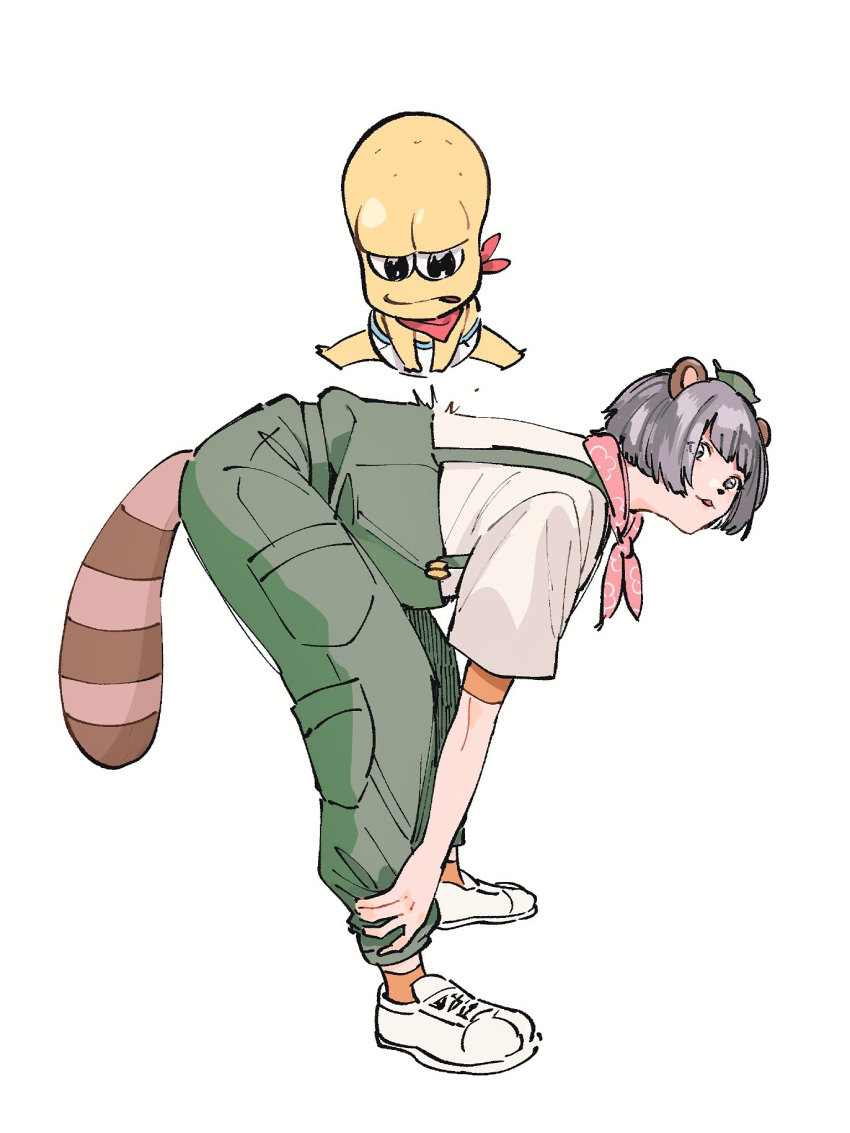 1boy 1girl :3 animal_ears animal_nose bald bandana bent_over black_eyes briefs colored_skin from_side full_body green_overalls grey_eyes grey_hair height_difference highres holding_own_leg jumping layered_shirt leaf leaf_on_head leap_frog looking_to_the_side male_underwear mode_aim orange_shirt orange_socks parted_lips peanuts-kun pink_bandana ponpoko_(vtuber) raccoon_ears raccoon_girl raccoon_tail red_bandana sawaya_(_0030y) shirt shoes short_hair short_sleeves sneakers socks tail underwear underwear_only virtual_youtuber white_footwear white_shirt yellow_skin