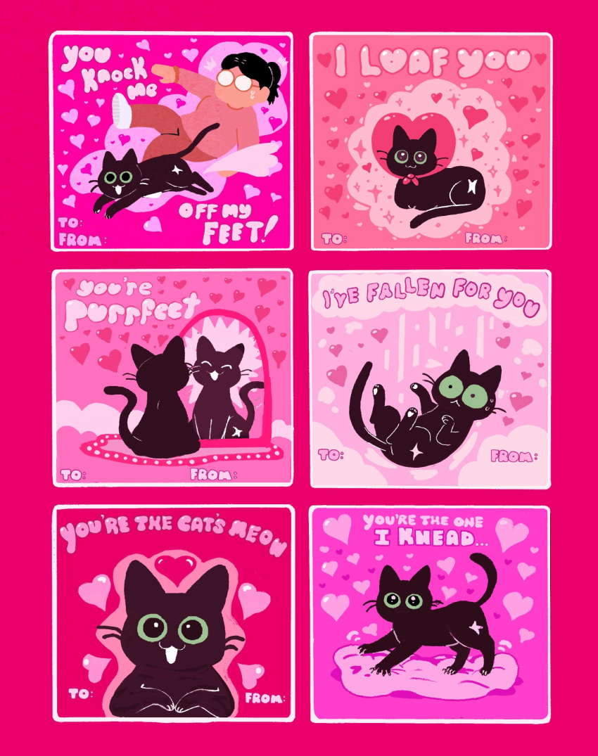 :3 ^.^ ambiguous_gender black_body black_fur duo english_text falling feral fur green_eyes hi_res holidays human kneading little_kitty_(lkbc) little_kitty_big_city love mammal mirror o_o official_art shanhorandraws solo_focus text tripping valentine's_day valentine's_day_card whiskers