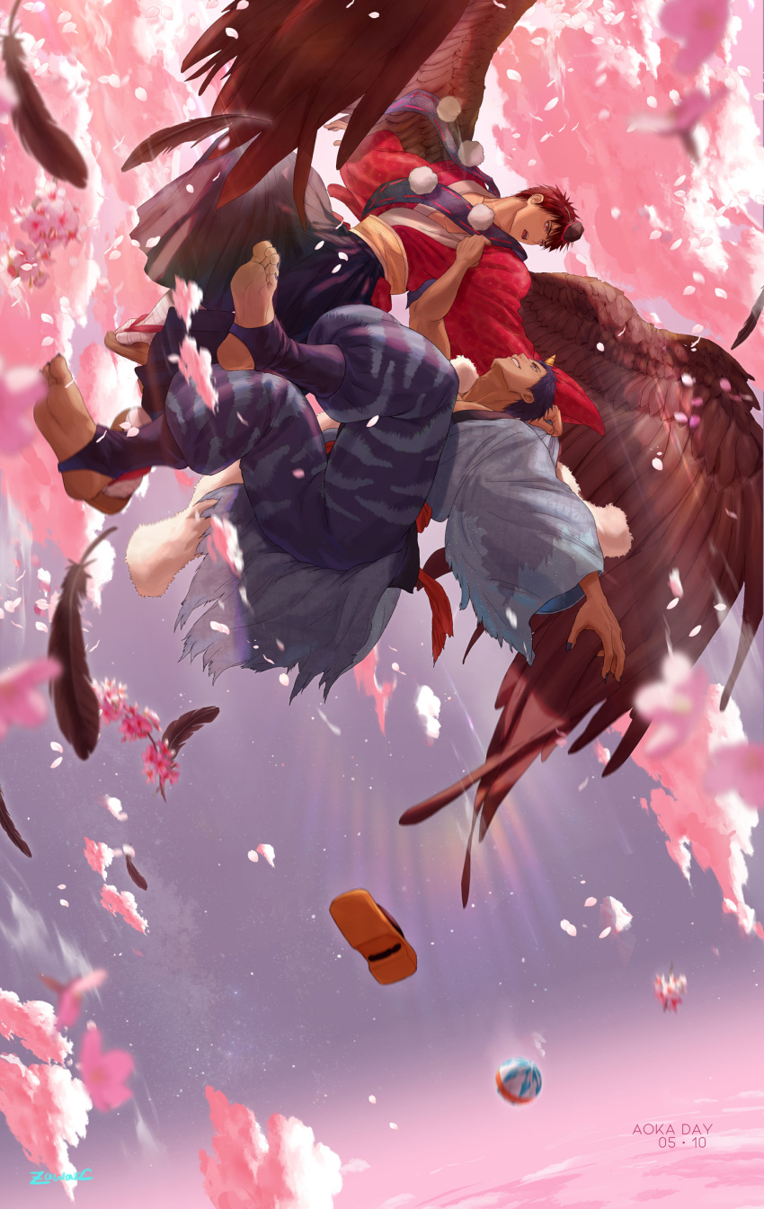 2boys aomine_daiki barefoot blue_hair blue_kimono blue_sky claws dated falling_feathers falling_petals feathers flying full_body grin highres japanese_clothes kagami_taiga kimono kuroko_no_basuke light_rays long_sleeves male_focus multiple_boys open_mouth petals pink_clouds red_eyes red_hair red_kimono short_hair sky smile teeth tongue wings yukata zawar379