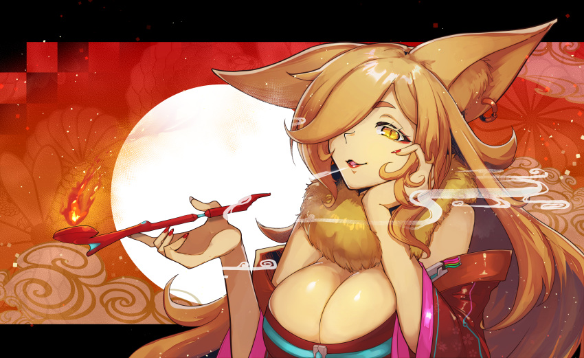 absurdres animal_ear_fluff animal_ears blonde_hair blowing_smoke breasts character_request cleavage earrings eyeshadow fox_ears fox_girl hair_over_one_eye hand_on_own_face highres japanese_clothes jewelry kiseru large_breasts lipstick long_hair looking_at_viewer makeup red_eyeshadow red_nails ryuu_tou single_earring slit_pupils smoking smoking_pipe space_leaper:_cocoon yellow_eyes