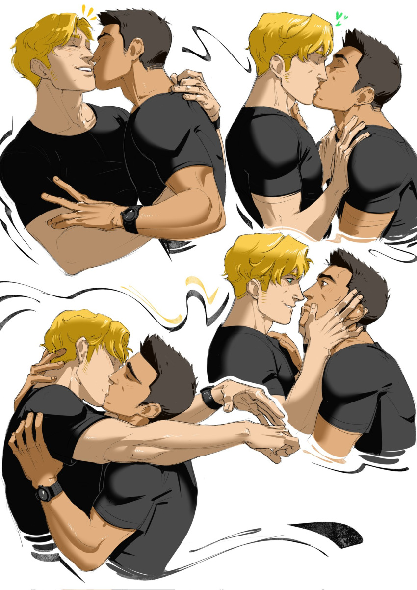 2boys ao_isami black_hair blonde_hair closed_eyes couple cropped_torso eye_contact facial_hair hand_on_another's_arm hand_on_another's_chest hand_on_another's_neck heart highres kiss lewis_smith looking_at_another male_focus multiple_boys multiple_views muscular muscular_male pretentiousfork short_hair sideburns_stubble stubble watch white_background wristwatch yaoi yuuki_bakuhatsu_bang_bravern