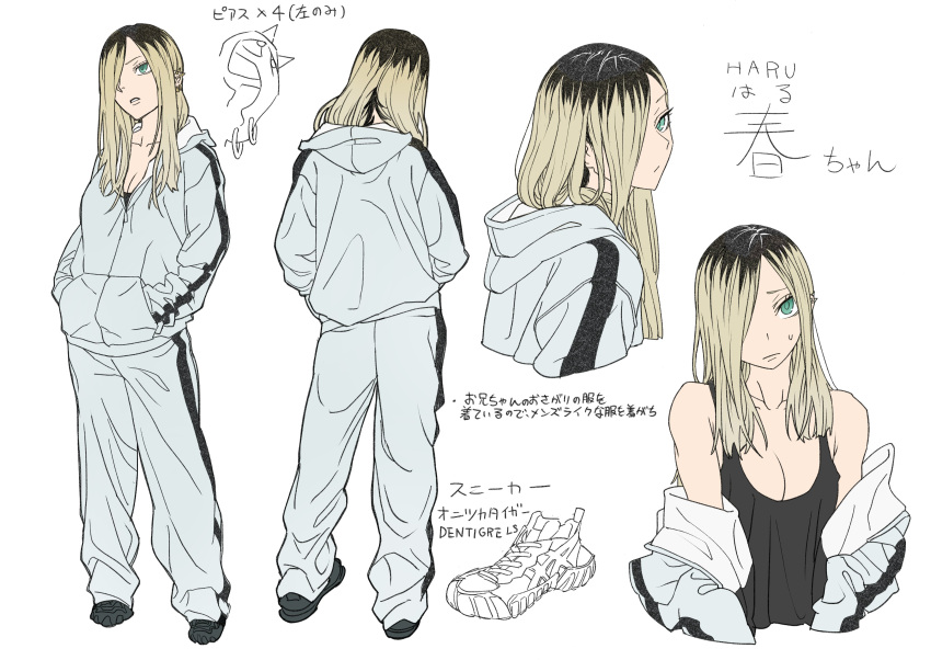 1girl absurdres blonde_hair breasts cleavage delinquent ear_piercing earrings green_eyes hair_over_one_eye highres jacket jewelry long_hair medium_breasts multicolored_hair original pants piercing reference_sheet roots_(hair) simple_background taiyou track_jacket track_pants track_suit white_background