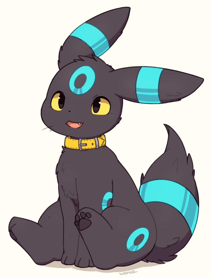 black_body black_fur black_paws blue_markings collar eeveelution feral fur generation_2_pokemon happy hi_res inukami_hikari male markings nintendo pokemon pokemon_(species) ring_(marking) shiny_pokemon simple_background sitting solo tail umbreon white_background yellow_collar yellow_eyes