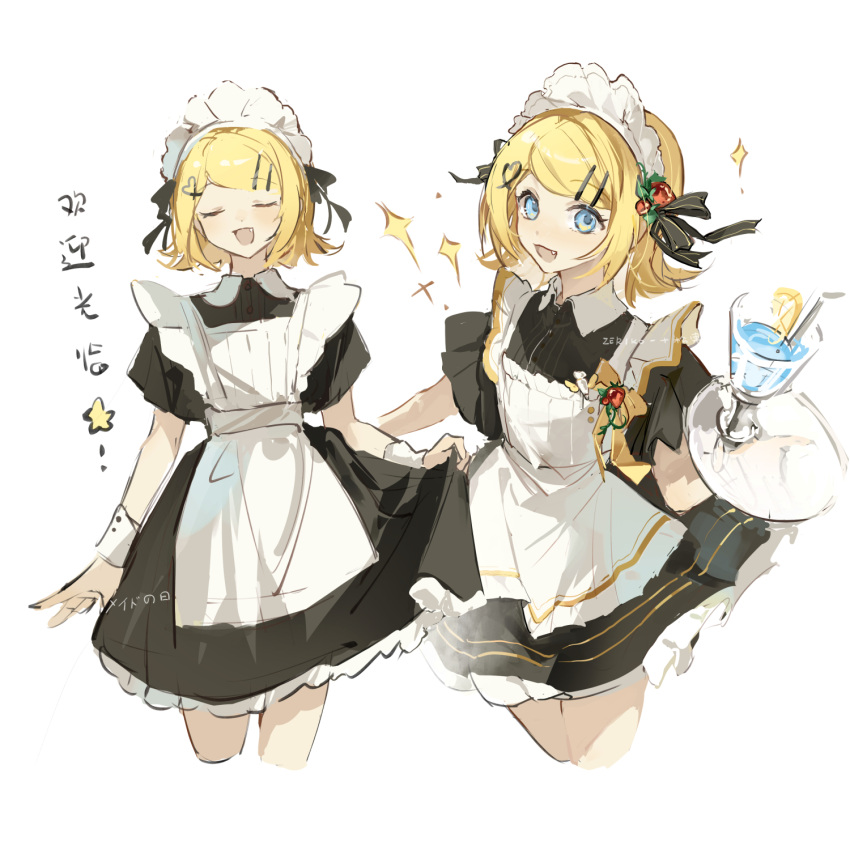 1girl :3 alternate_costume apron black_dress black_ribbon blonde_hair blue_eyes collar collared_dress dress drink enmaided fang frilled_apron frilled_hairband frills hair_ornament hair_ribbon hairband hairclip heart heart_hair_ornament highres holding holding_drink holding_plate kagamine_rin looking_at_viewer maid maid_apron maid_day maid_headdress open_mouth petticoat plate ribbon short_hair short_sleeves sideways_glance skirt_hold smile solo sparkle vocaloid white_apron white_collar wrist_cuffs zeriko