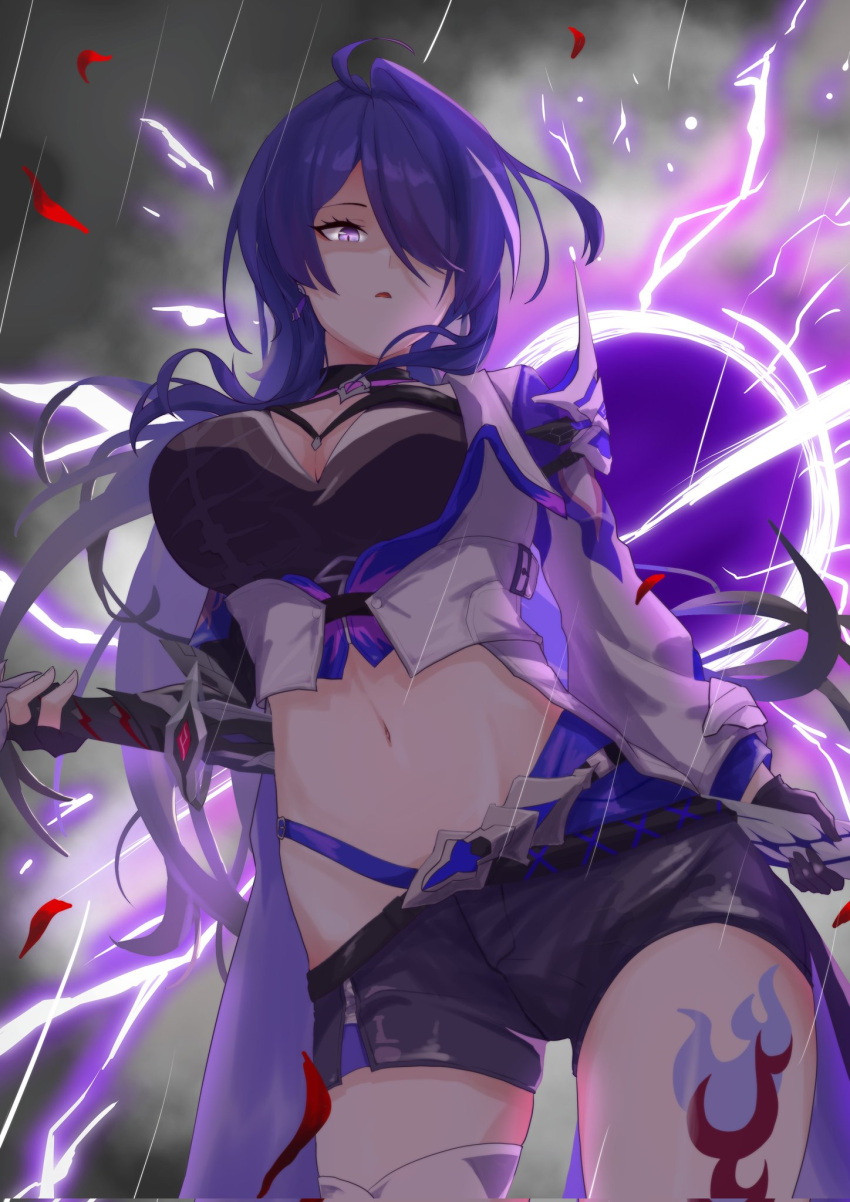 1girl acheron_(honkai:_star_rail) ahoge armor bandaged_leg bandages belt black_belt black_choker black_gloves black_hole black_shorts breasts choker cleavage coat coattails commentary cowboy_shot criss-cross_halter electricity from_below gloves hair_intakes halterneck highres holding holding_sword holding_weapon honkai:_star_rail honkai_(series) large_breasts leg_tattoo long_hair looking_at_viewer midriff multicolored_hair navel parted_lips partially_shaded_face purple_eyes purple_hair rain red_petals scabbard sheath sheathed short_shorts shorts shoulder_armor solo streaked_hair suzuneiroekaki sword sword_behind_back tattoo thighs weapon white_coat