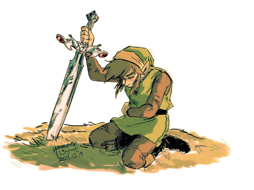 1boy black_footwear boots brown_hair closed_eyes closed_mouth dated green_hat green_tunic hat highres injury kneeling link male_focus pointy_ears signature solo sword the_legend_of_zelda weapon white_background yasmeen zelda_ii:_the_adventure_of_link