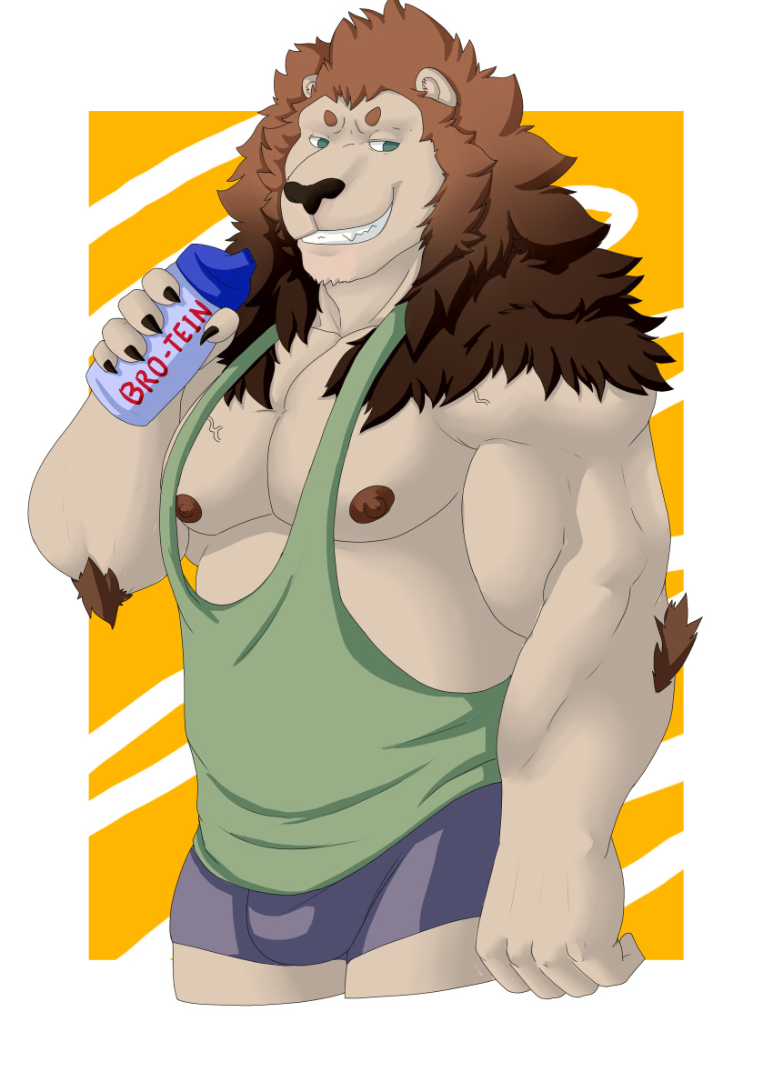 absurd_res bottomwear bulge clothed clothing domestic_cat felid feline felis fluffy hi_res leolex lion looking_at_viewer male mammal mane muscular nipples pantherine pecs shirt shorts smile tail tail_tuft tank_top topwear tuft