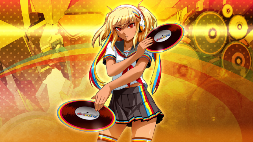 1girl beatmania_iidx blonde_hair dark-skinned_female dark_skin goli_matsumoto hair_ornament headphones holding_record multicolored_hair non-web_source official_art parted_lips red_eyes school_uniform serafuku sidelocks skirt solo thighhighs thighs two_side_up xiatian_(beatmania_iidx)