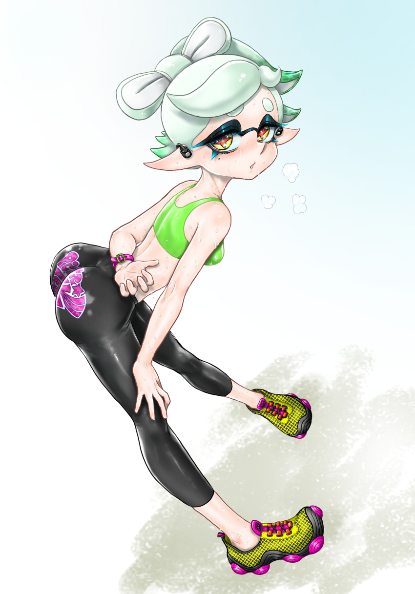 1girl alternate_costume arm_behind_back ass bare_arms bare_shoulders bent_over black_leggings bow-shaped_hair breasts breath cross-shaped_pupils earpiece exhausted eyelashes green_sports_bra hand_on_own_knee highres inkling koharu2.5 leggings marie_(splatoon) mole mole_under_eye pointy_ears red_pupils shoes short_eyebrows short_hair small_breasts solo splatoon_(series) sports_bra sweat symbol-shaped_pupils tentacle_hair yellow_eyes