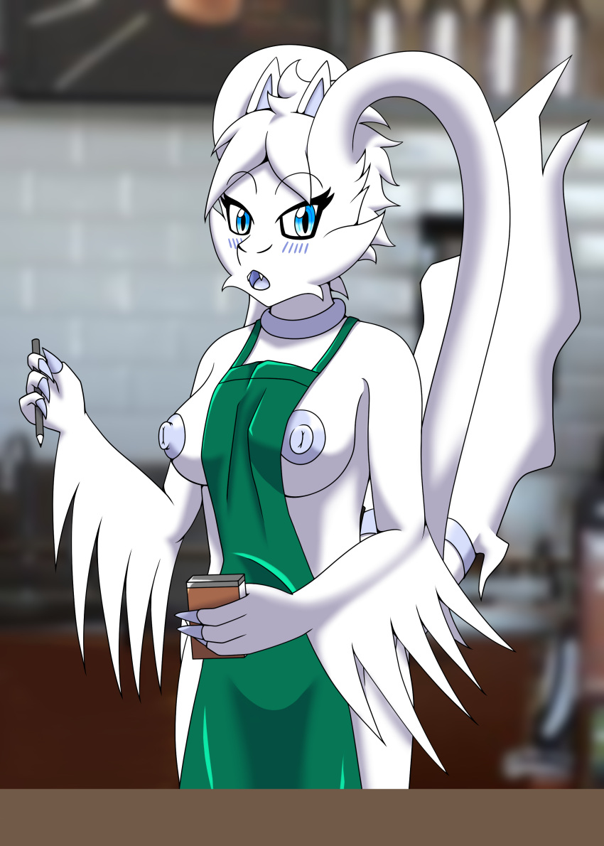 absurd_res anthro apron barista blackwing97 blue_eyes blue_nipples blush clothing collar cute_fangs female fluffy fluffy_tail hi_res holding_object i_mean_breast_milk legendary_pok&eacute;mon meme nintendo nipples notebook open_mouth pen pok&eacute;mon pok&eacute;mon_(species) rachel_kusumirai reshiram solo video_games white_body