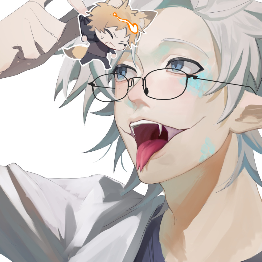 2boys absurdres animal_ears atou_haruki black_jacket black_pants blonde_hair blue_eyes chinese_commentary closed_eyes commentary_request dbhid fangs forked_tongue fox_boy fox_ears fox_tail glasses grey_shirt highres jacket kanou_aogu male_focus multiple_boys open_mouth pants pointy_ears saibou_shinkyoku scales shirt short_hair simple_background tail tongue white_background white_hair