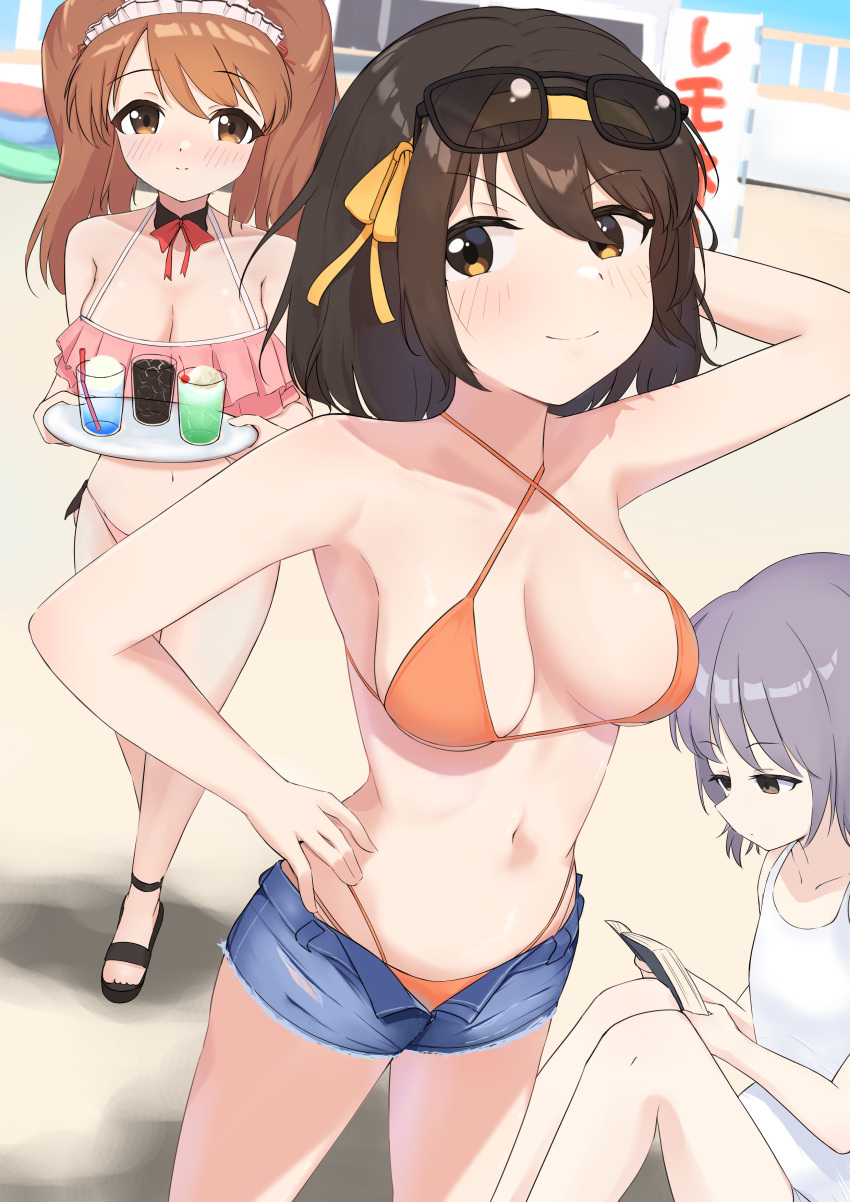 3girls absurdres arm_up asahina_mikuru bikini bikini_under_shorts blue_shorts breasts brown_eyes brown_hair cup denim denim_shorts eyewear_on_head grey_hair highres holding holding_tray maid_headdress medium_breasts medium_hair mintchoco_(minchothudong) multiple_girls nagato_yuki navel open_fly orange_bikini short_shorts shorts stomach sunglasses suzumiya_haruhi suzumiya_haruhi_no_yuuutsu swimsuit tray twintails