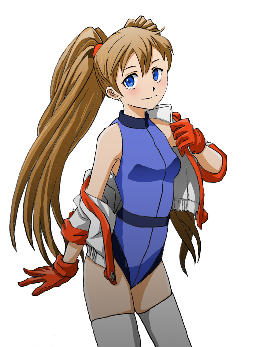 1girl athletic_leotard blue_eyes blue_leotard breasts brown_hair gloves highres jacket leotard long_hair numan_athletics off_shoulder open_clothes open_jacket red_gloves sharon_les_halles smile solo tatsuya1227 thighhighs thighs twintails white_jacket white_thighhighs