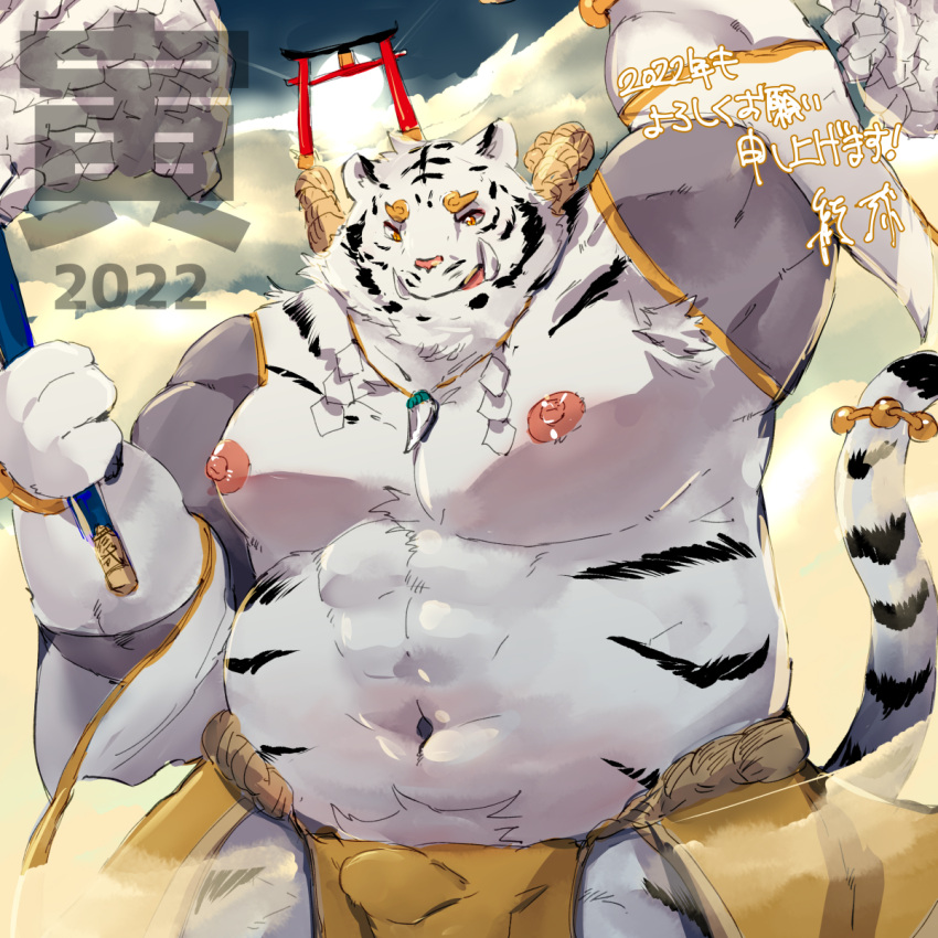 2022 anthro asian_clothing balls_outline belly bulge chinese_zodiac clothing east_asian_clothing felid fundoshi genital_outline hi_res holidays humanoid_hands japanese_clothing kemono male mammal moobs navel new_year new_year_2022 nipples overweight overweight_male pantherine penis_outline solo tiger underwear white_body year_of_the_tiger yellow_clothing yellow_fundoshi yellow_underwear yuuya333