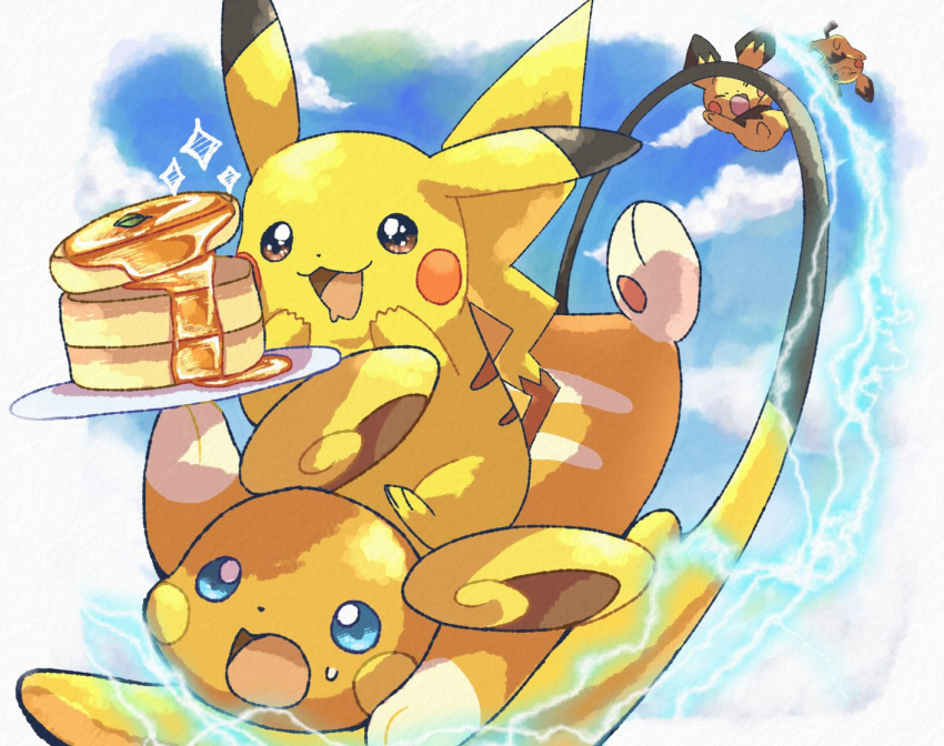 alolan_raichu blue_eyes blue_sky brown_eyes cloud day drooling electricity evolutionary_line flying food holding holding_plate no_humans open_mouth orange_fur outdoors pancake pancake_stack pichu pikachu plate pokemon pokemon_(creature) roku_(rokkrn) sky smile sweat yellow_fur