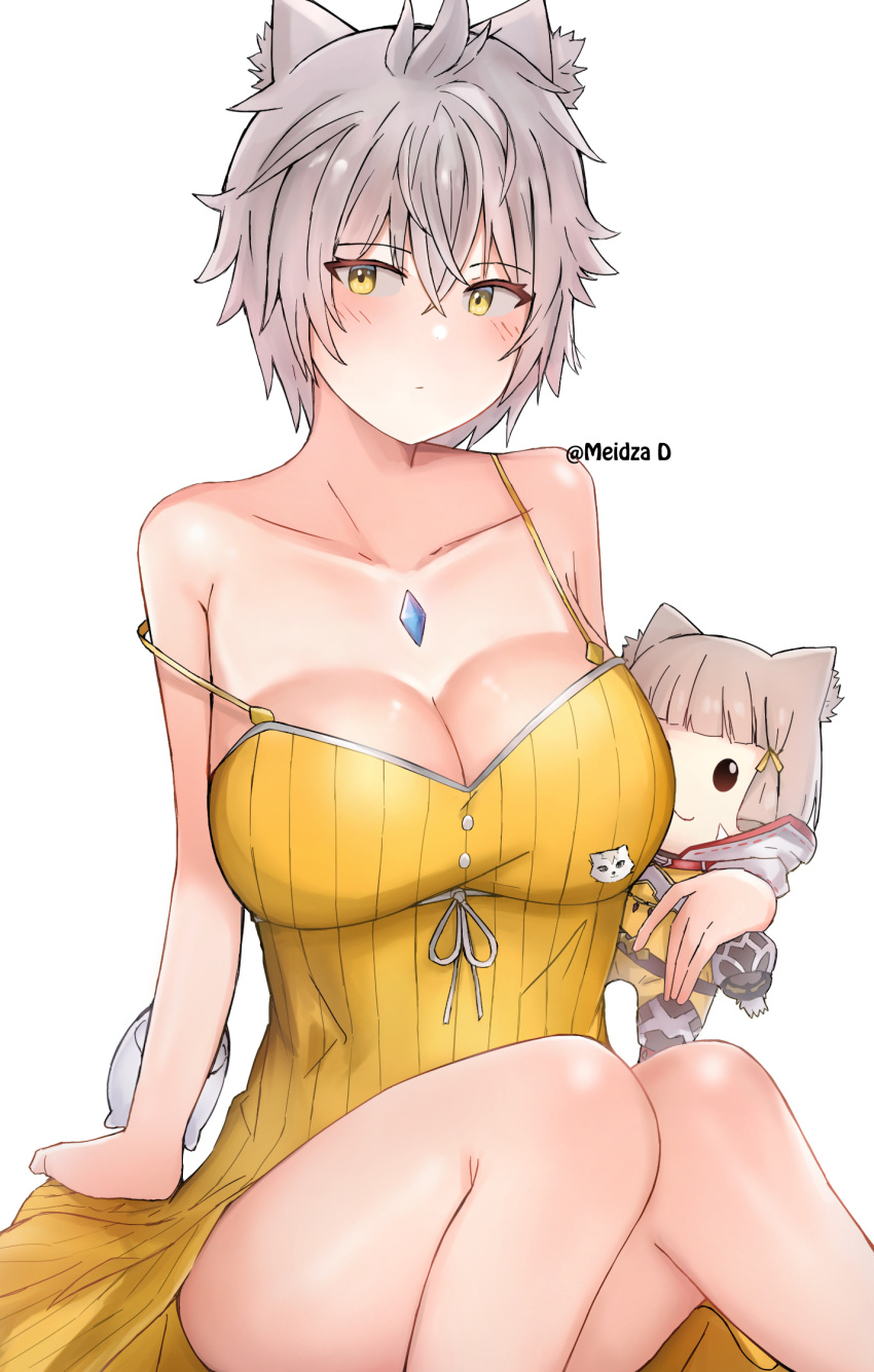 1girl animal_ears breasts cat_ears character_doll character_pin chest_jewel cleavage core_crystal_(xenoblade) cosplay dress dress_swimsuit dromarch_(xenoblade) facial_mark grey_hair highres large_breasts meidza_d messy_hair na'el_(xenoblade) nia_(fancy_sundress)_(xenoblade) nia_(xenoblade) nia_(xenoblade)_(cosplay) one-piece_swimsuit ribbed_swimsuit short_hair solo strap_slip sundress swimsuit xenoblade_chronicles_(series) xenoblade_chronicles_2 xenoblade_chronicles_3 xenoblade_chronicles_3:_future_redeemed yellow_dress yellow_eyes yellow_one-piece_swimsuit