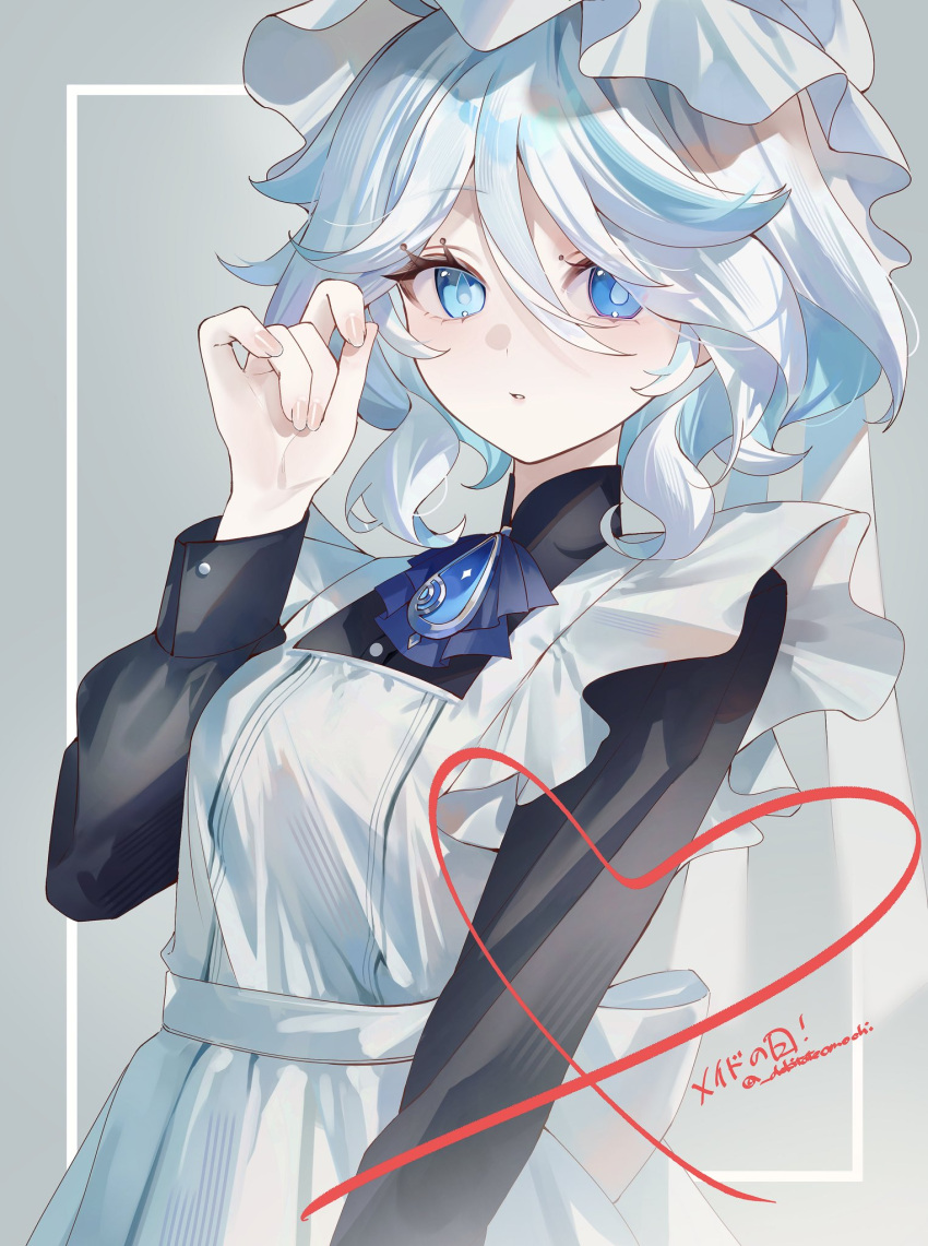 1girl alternate_costume apron ascot blue_ascot blue_hair brooch colored_inner_hair commentary_request dekitateomoti enmaided furina_(genshin_impact) genshin_impact grey_background hand_up hat heart highres jewelry long_sleeves looking_at_viewer maid mob_cap multicolored_hair solo upper_body white_apron white_hair white_hat