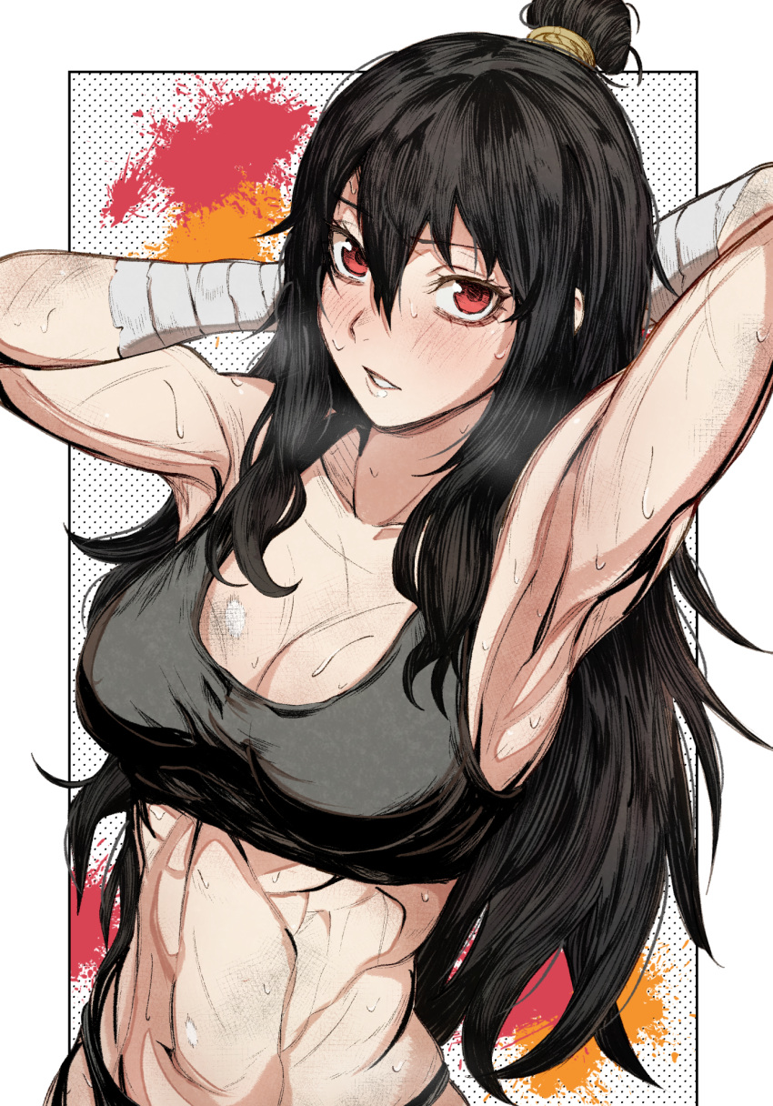 1girl abs arm_wrap armpits arms_behind_head arms_up bare_shoulders black_border black_bra black_hair black_panties blush border bra breasts character_request cleavage collarbone english_commentary greyscale hair_between_eyes highres library_of_ruina long_hair looking_at_viewer medium_breasts midriff monochrome muscular muscular_female navel nb8c open_mouth outside_border panties parted_lips project_moon red_eyes sidelocks simple_background solo sports_bra spot_color stomach sweat toned underwear upper_body very_long_hair white_background