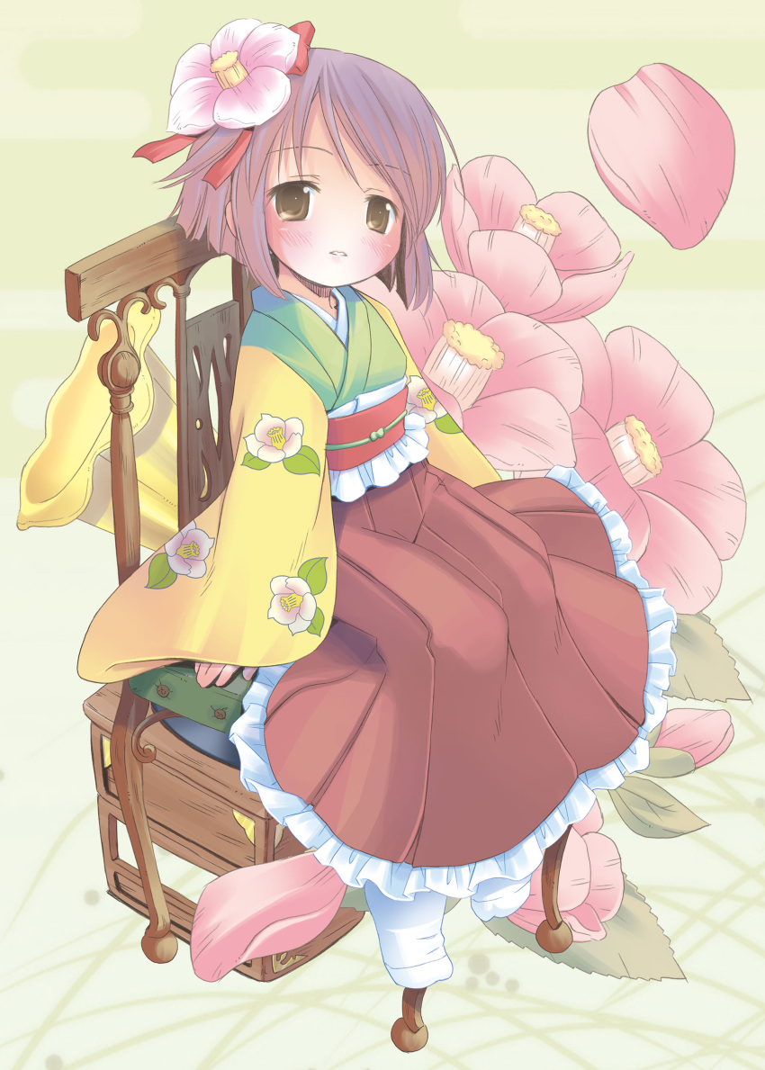 1girl absurdres blush brown_eyes camellia camellia_print chair floral_background floral_print flower frilled_skirt frills hair_flower hair_ornament hieda_no_akyuu highres japanese_clothes long_skirt on_chair parted_lips pink_flower pop_(electromagneticwave) purple_hair short_hair sitting skirt socks solo touhou white_socks