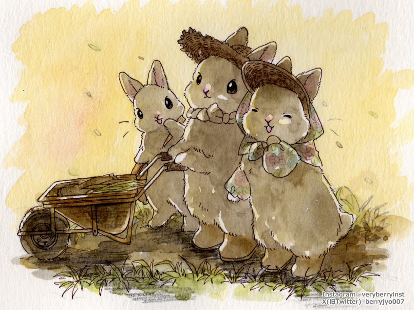 animal animal_focus berry_jou colored_pencil_(medium) hat head_scarf highres looking_at_viewer no_humans original rabbit straw_hat traditional_media wheelbarrow