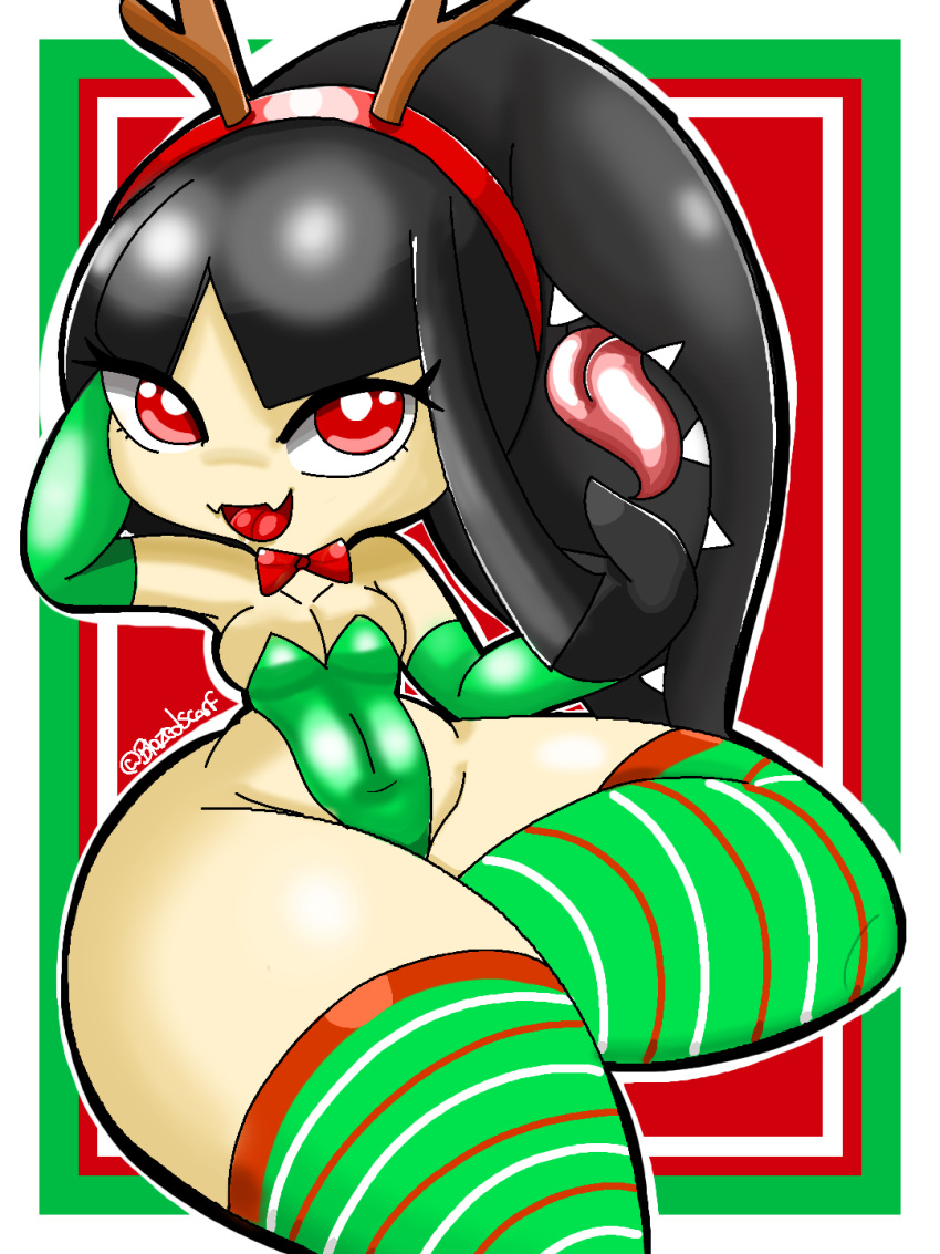 anthro blazedscarf breasts clothing female hi_res holidays legwear mawile nintendo pok&eacute;mon pok&eacute;mon_(species) reindeer_costume short_stack small_breasts thick_thighs thigh_highs video_games wide_hips