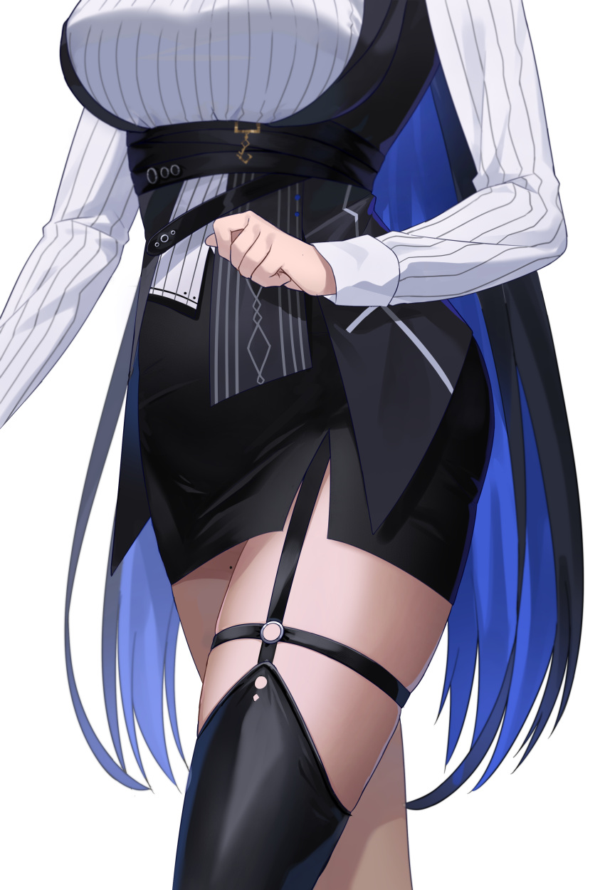 1girl absurdres belt black_belt black_hair black_skirt blue_hair breasts chantu_irasu colored_inner_hair head_out_of_frame highres hololive hololive_english large_breasts long_sleeves miniskirt mole mole_on_thigh multicolored_hair nerissa_ravencroft nerissa_ravencroft_(1st_costume) o-ring simple_background single_thighhigh skirt solo thighhighs thighs two-tone_hair virtual_youtuber white_background