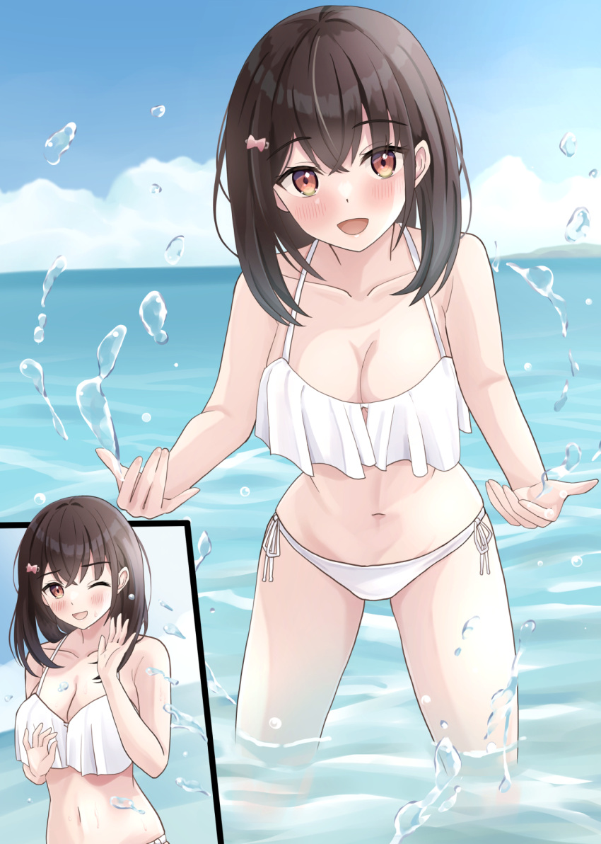 1girl ;d bare_arms bare_shoulders bikini black_hair blue_sky bow breasts brown_eyes cleavage cloud collarbone commentary_request day hair_between_eyes hair_bow hair_ornament hairclip harumiya_saki highres horizon long_hair looking_at_viewer medium_breasts navel ocean one_eye_closed original outdoors pink_bow sky smile splashing standing swimsuit wading water white_bikini yukimaru217