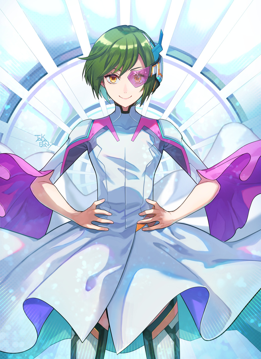 1boy a3! absurdres androgynous artist_name green_hair hands_on_own_hips headset highres looking_at_viewer rurikawa_yuki scouter smile solo standing taka_banyaaa thighhighs wide_sleeves yellow_eyes