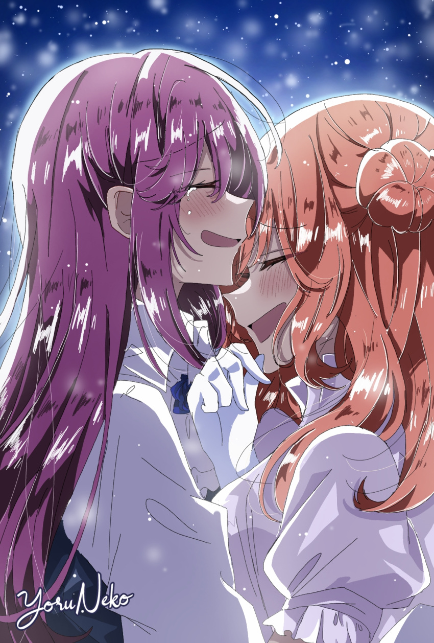 2girls amasawa_hajime artist_name blush closed_eyes commentary crying gloves hair_bun hand_up highres hug long_hair multiple_girls open_mouth orange_hair puffy_short_sleeves puffy_sleeves purple_hair sasayaku_you_ni_koi_wo_utau satomiya_momoka shirt short_sleeves sidelocks single_side_bun upper_body white_gloves white_shirt yoruneko_(liampadolina) yuri