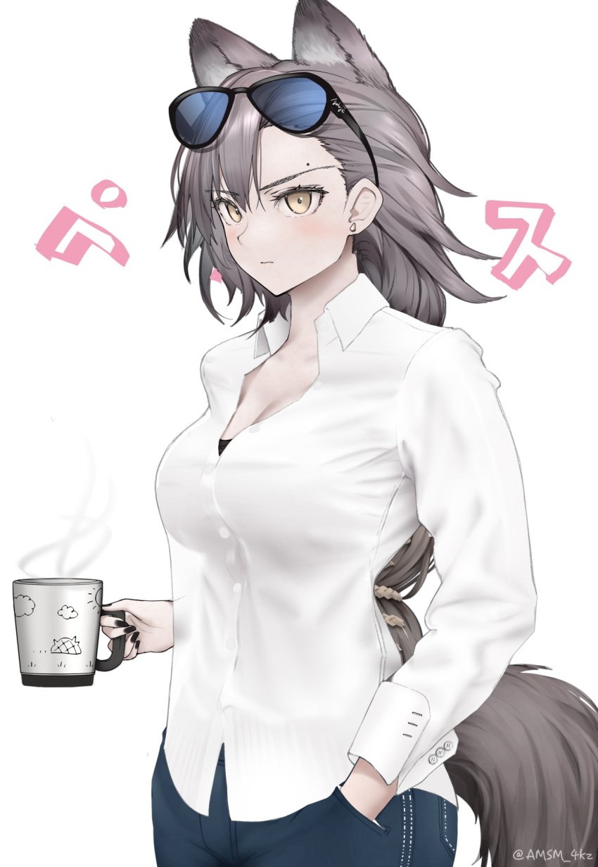 1girl animal_ears arknights black_nails black_pants brown_hair brown_tail buttoned_cuffs buttons closed_mouth collared_shirt cowboy_shot cup dress_shirt earrings extra_ears fingernails hair_behind_ear hair_ornament hand_in_pocket highres holding holding_cup jewelry long_hair long_sleeves looking_ahead mole mole_above_eye mole_on_forehead mug nail_polish pants penance_(arknights) serious shirt simple_background solo standing steam surgeon_cuffs tail translation_request twitter_username white_background white_shirt yellow_eyes yokaze_(yokajie)