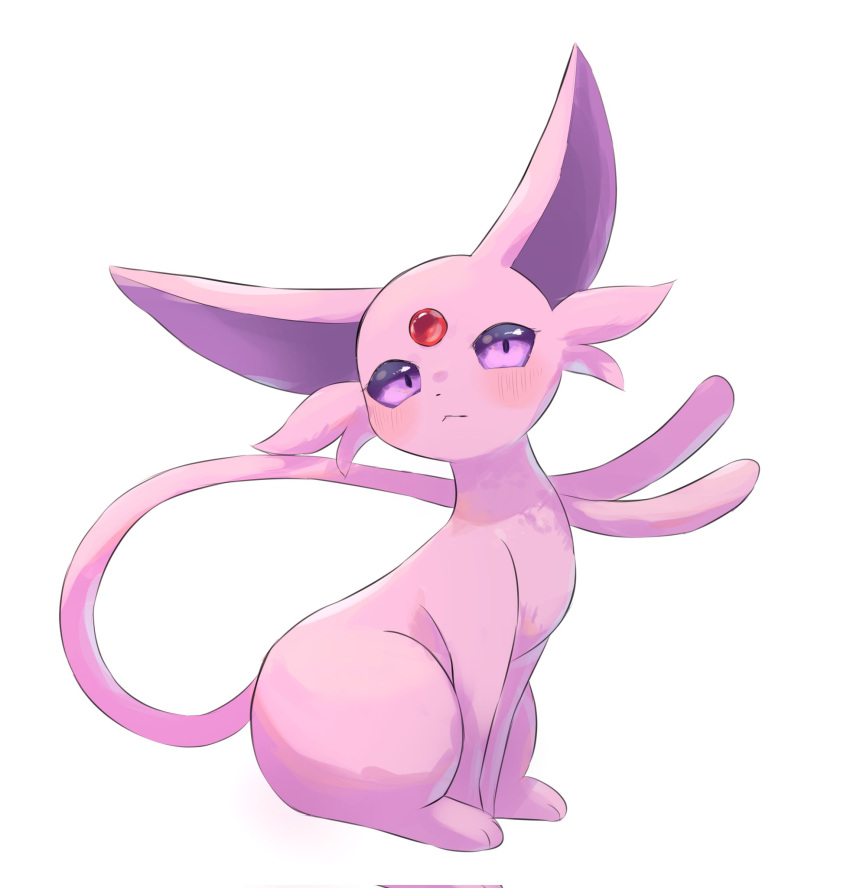 blush closed_mouth espeon forehead_jewel forked_tail full_body gabbydesuyo highres looking_at_viewer no_humans pokemon pokemon_(creature) purple_eyes purple_fur simple_background sitting solo tail white_background