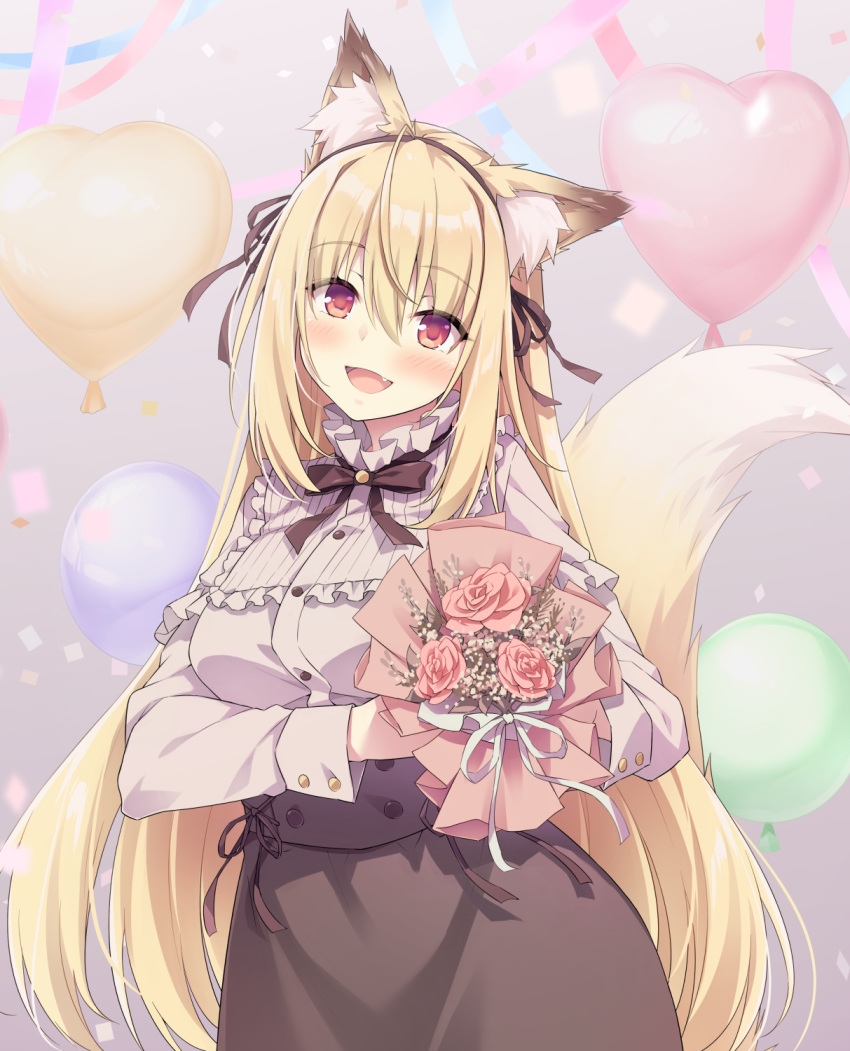 1girl :d akizora_momiji animal_ear_fluff animal_ears balloon birthday blonde_hair blush bouquet breasts confetti cowboy_shot fox_ears fox_girl fox_tail heart_balloon highres holding holding_bouquet kaede_(akizora_momiji) long_hair looking_at_viewer medium_breasts original red_eyes ribbon smile solo straight_hair tail very_long_hair