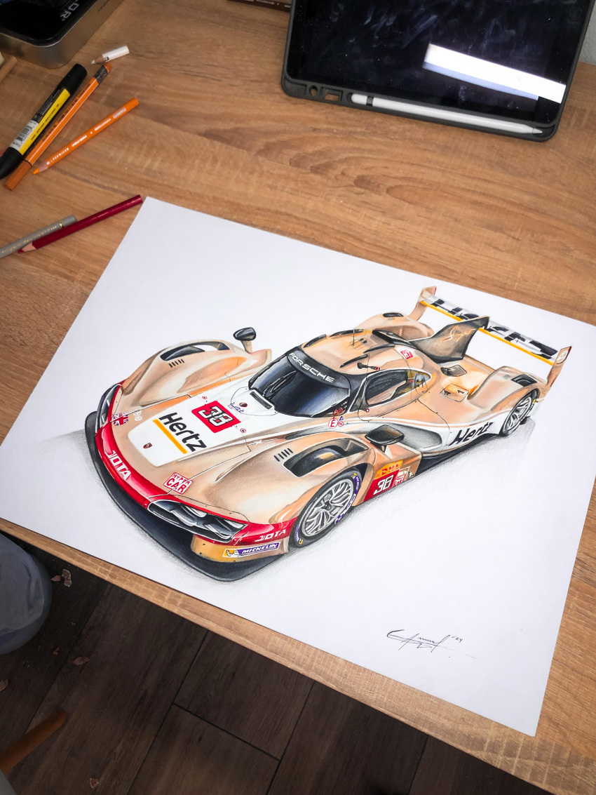 absurdres art_tools_in_frame brown_car car colored_pencil colored_pencil_(medium) english_commentary goabascal highres jota_sport le_mans_prototype michelin michelin_man motor_vehicle no_humans pencil photo_(medium) porsche porsche_963 race_vehicle racecar spoiler_(automobile) sponsor tablet_pc traditional_media union_jack vehicle_focus world_endurance_championship