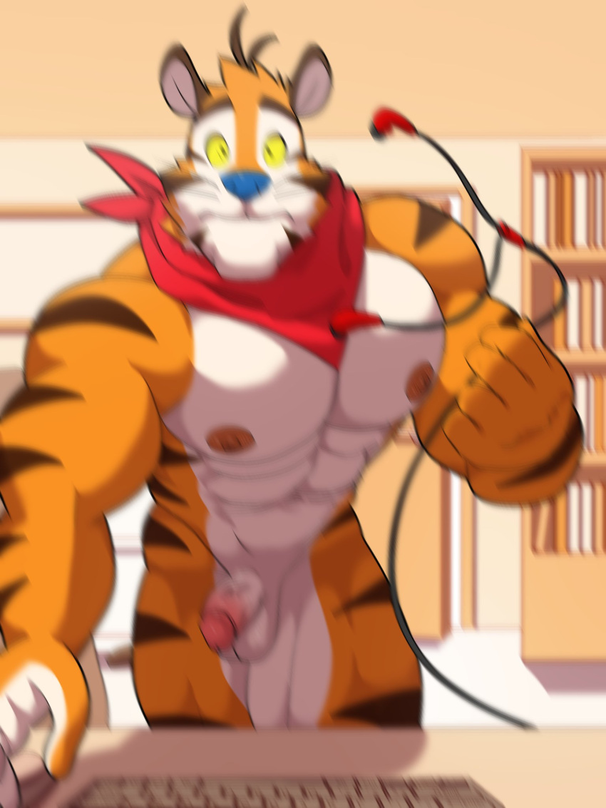 abs anthro balls computer_keyboard electronics felid frosted_flakes furtissier genitals headphones hi_res humanoid_genitalia humanoid_penis kellogg's male mammal mascot motion_blur panicking pantherine penis tiger tony_the_tiger