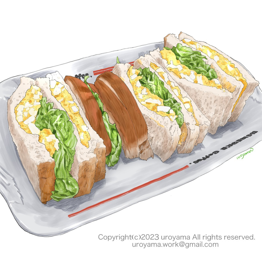 bread copyright_notice egg_(food) food food_focus highres lettuce no_humans original sandwich simple_background tray uroyama_(macrophage) white_background