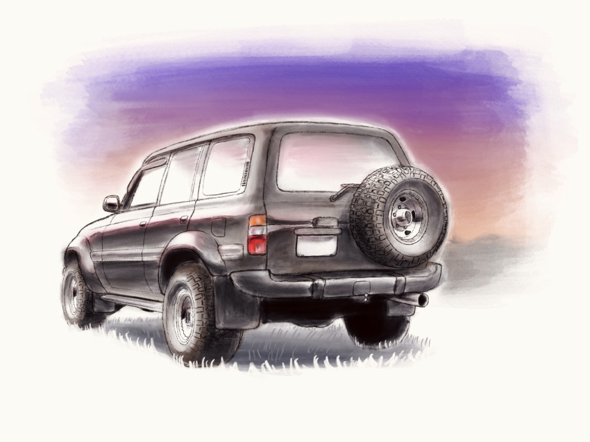 black_car car from_behind grass highres k.tofu motor_vehicle no_humans original shadow spare_tire sports_utility_vehicle sunset toyota toyota_land_cruiser vehicle_focus