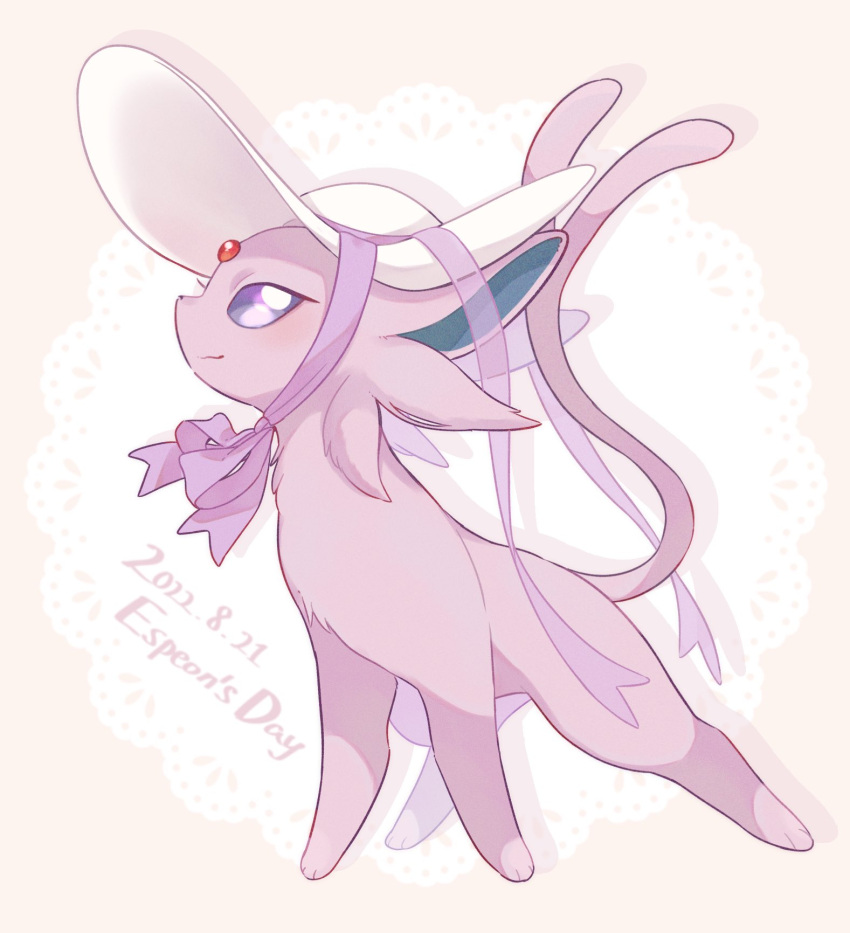 blush bright_pupils character_name closed_mouth clothed_pokemon dated em_ivy_akippoi espeon forehead_jewel forked_tail from_side full_body hat highres pokemon pokemon_(creature) purple_eyes purple_fur purple_ribbon purple_tail ribbon smile solo standing sun_hat tail white_hat white_pupils
