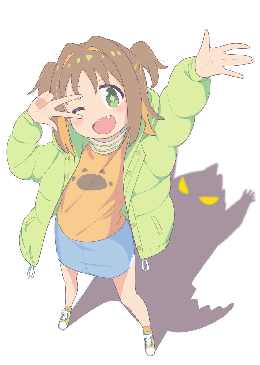 1girl ;) absurdres blue_skirt blush brown_hair fang full_body green_eyes green_footwear green_jacket hands_up happy highres jacket miniskirt oka_asahi one_eye_closed onii-chan_wa_oshimai! open_clothes open_jacket open_mouth orange_shirt orange_socks paw_print print_shirt shadow shiina_excel shirt shoes short_hair simple_background skirt smile sneakers socks solo sparkling_eyes standing two_side_up v white_background