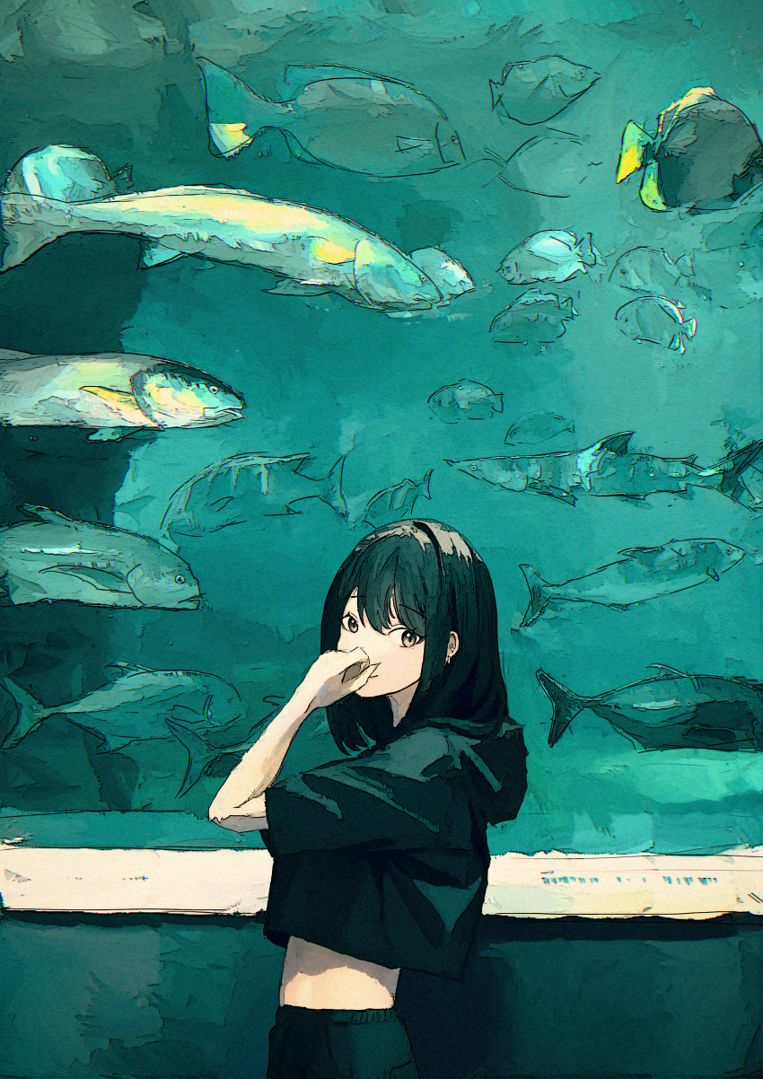 1girl absurdres aquarium black_hair black_pants black_skirt brown_eyes fish highres looking_at_viewer original pants ponta_(matsuokazieg) scenery shirt short_hair skirt solo standing water