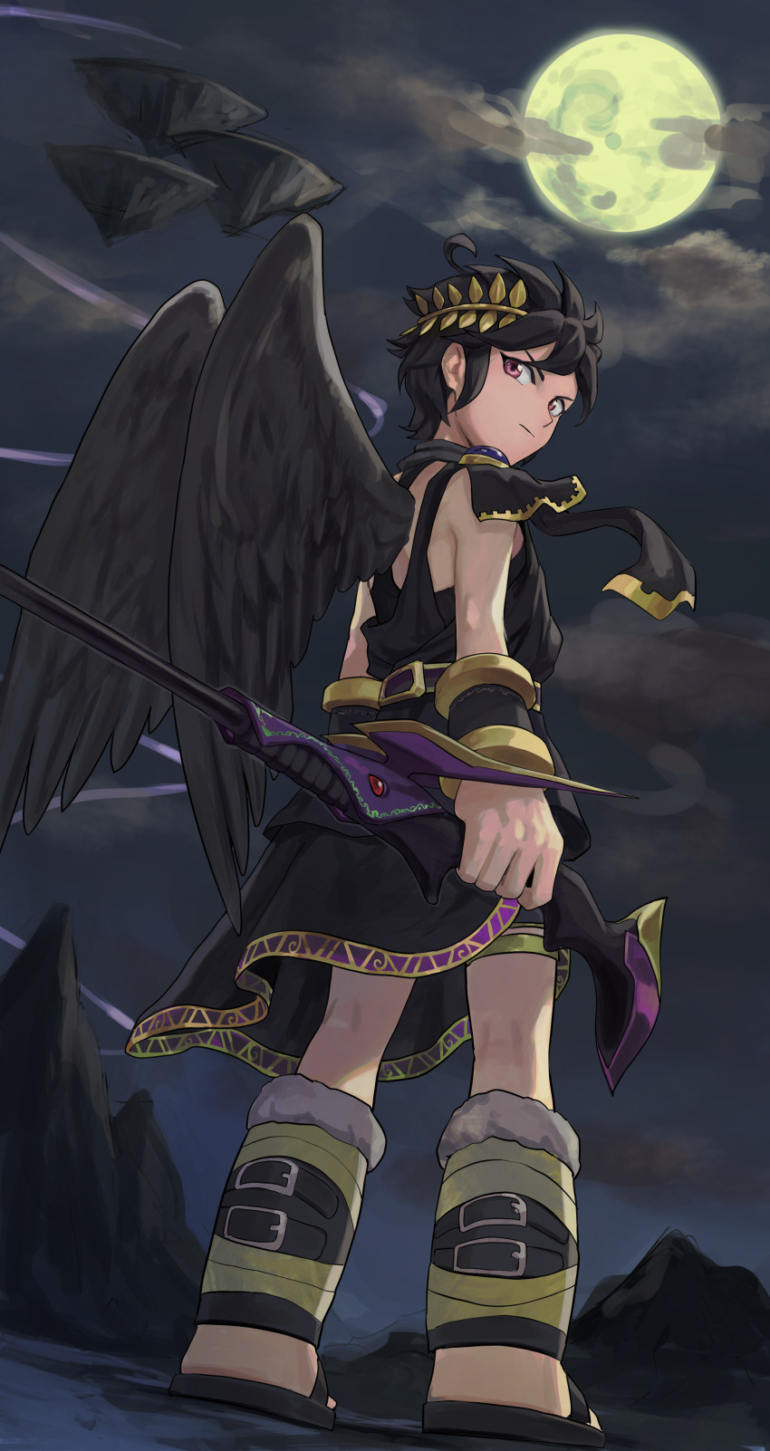 1boy absurdres ahoge angel angel_wings black_hair black_wings dark_pit dutch_angle full_body highres kid_icarus kid_icarus_uprising laurel_crown looking_at_viewer looking_back male_focus moon mountain night night_sky red_eyes sky standing suru_(seiya) vambraces wings