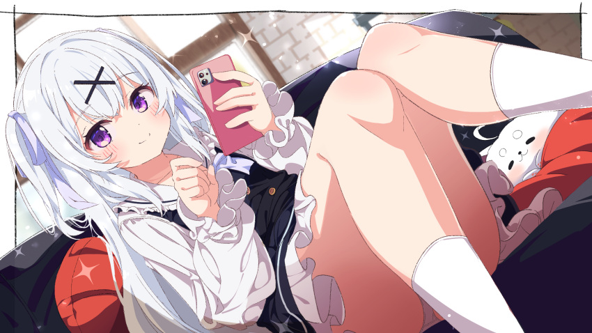 1girl ahoge blush cellphone collarbone commission couch dog dress hair_ornament hairclip highres holding holding_phone long_hair original panties phone purple_eyes shiro9jira sitting skeb_commission skirt smartphone smile socks solo underwear virtual_youtuber white_hair white_panties white_socks