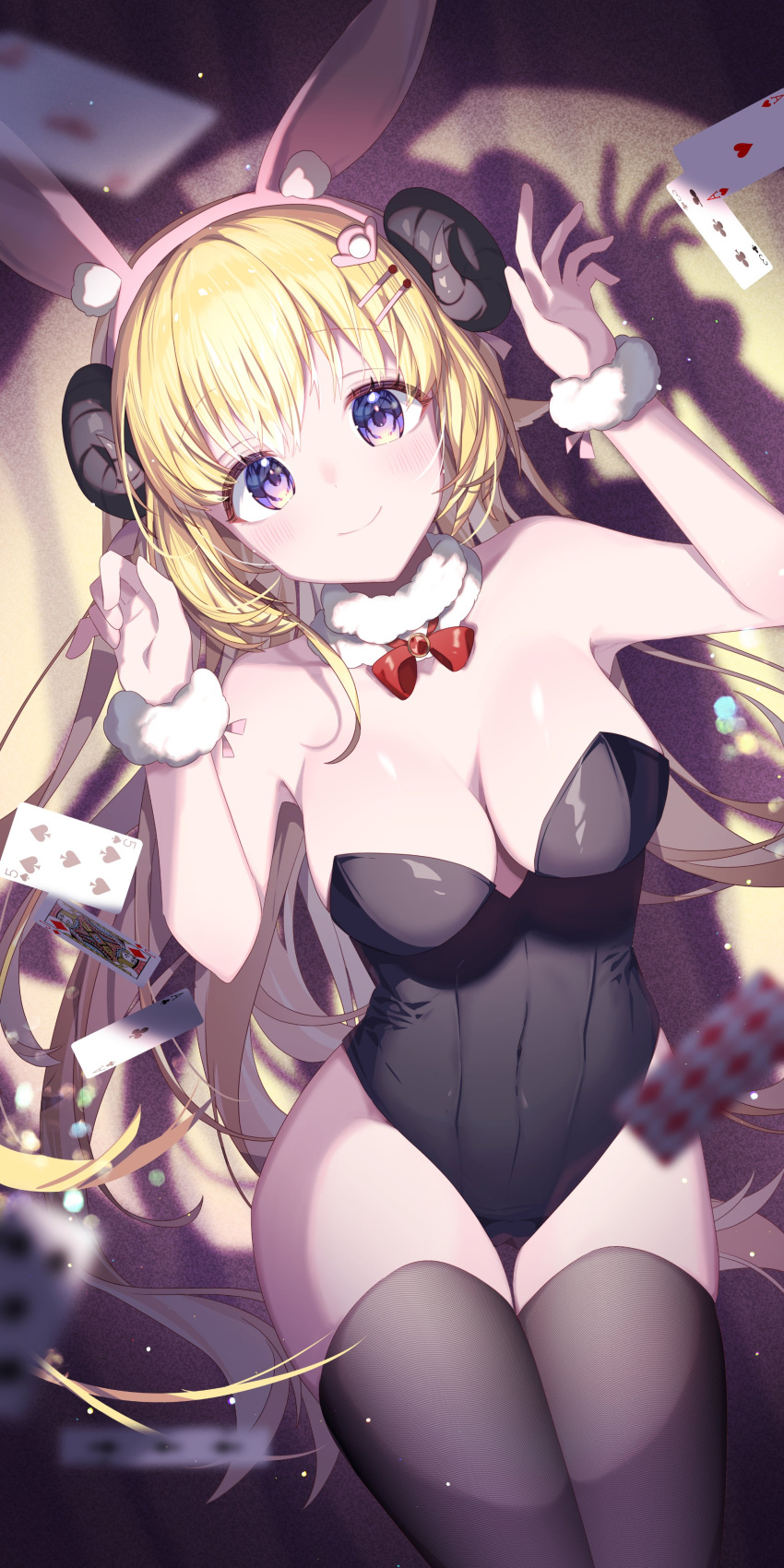 1girl absurdres ace_(playing_card) ace_of_clubs ace_of_diamonds ace_of_hearts alternate_costume animal_ears bare_shoulders black_leotard black_thighhighs blonde_hair blue_eyes blurry blurry_foreground breasts card club_(shape) diamond_(shape) fake_animal_ears fishnet_pantyhose fishnets five_of_spades heart highleg highleg_leotard highres hololive horns jack_(playing_card) jack_of_diamonds kio_is_here large_breasts leotard long_hair pantyhose playboy_bunny playing_card rabbit_ears shadow sheep_girl sheep_horns solo thighhighs three_of_clubs tsunomaki_watame virtual_youtuber