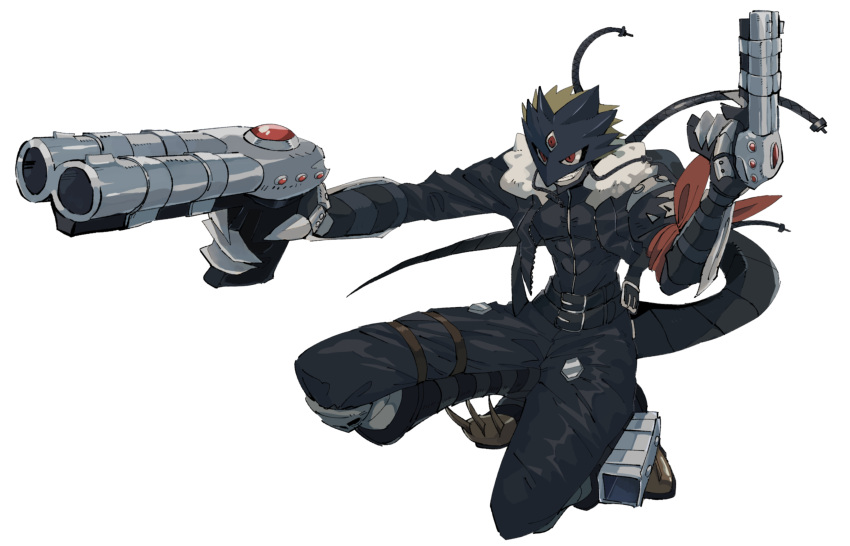 1boy bandana bandana_around_arm beelzebumon black_jacket black_pants black_shirt blonde_hair cropped_jacket demon demon_tail digimon digimon_(creature) double_barrels dual_wielding eye_mask full_body gun highres holding holding_gun holding_weapon jacket mashita._(mentaiko_omoti) pants red_bandana red_eyes shirt short_hair simple_background smirk solo tail teeth third_eye weapon white_background