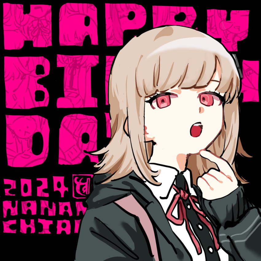 1girl 2024 :o black_shirt brown_hair collared_shirt danganronpa_(series) danganronpa_2:_goodbye_despair dress_shirt green_jacket happy_birthday highres index_finger_raised jacket medium_hair nanami_chiaki neck_ribbon open_clothes open_jacket pink_eyes pink_ribbon pio_(kari) ribbon shirt sleeves_past_wrists solo white_shirt